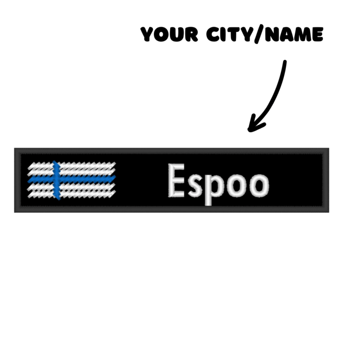 Custom patch text Espoo Finland embroidered merkit