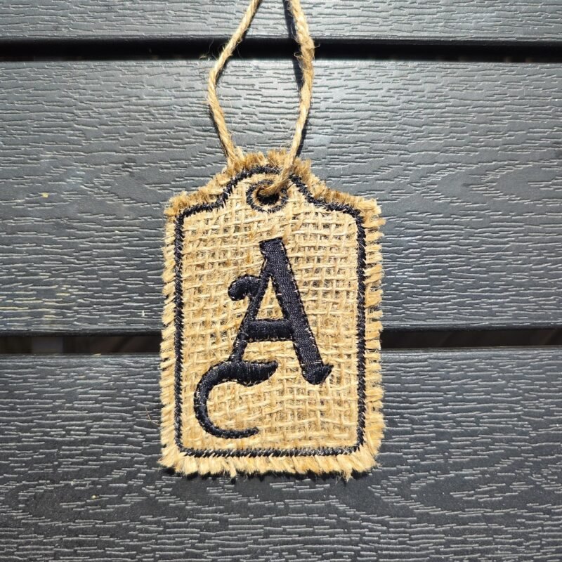 Luggage Tag Monogram Gothic Letter Burlap