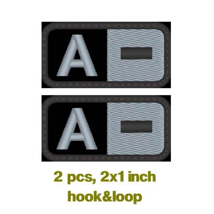 2 PCS Blood Type Patch A Neg Embroidered Hook A- Negative Group Badge Military Olive Silver Black 2"x1" size - Image 2