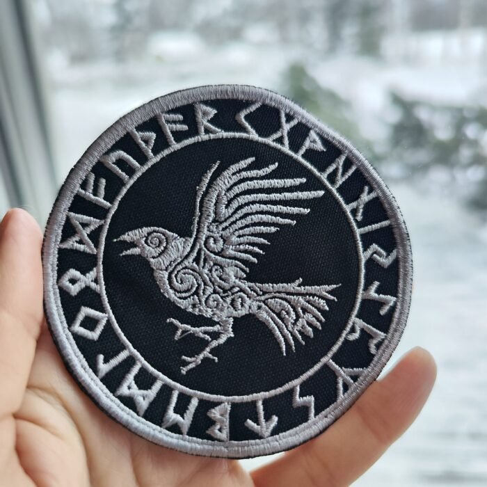 Raven Crow Patch, Hugin Munin Norse Patches, Celtic Raven Patch Iron-On Embroidered Black Silver, Viking patches - Image 2