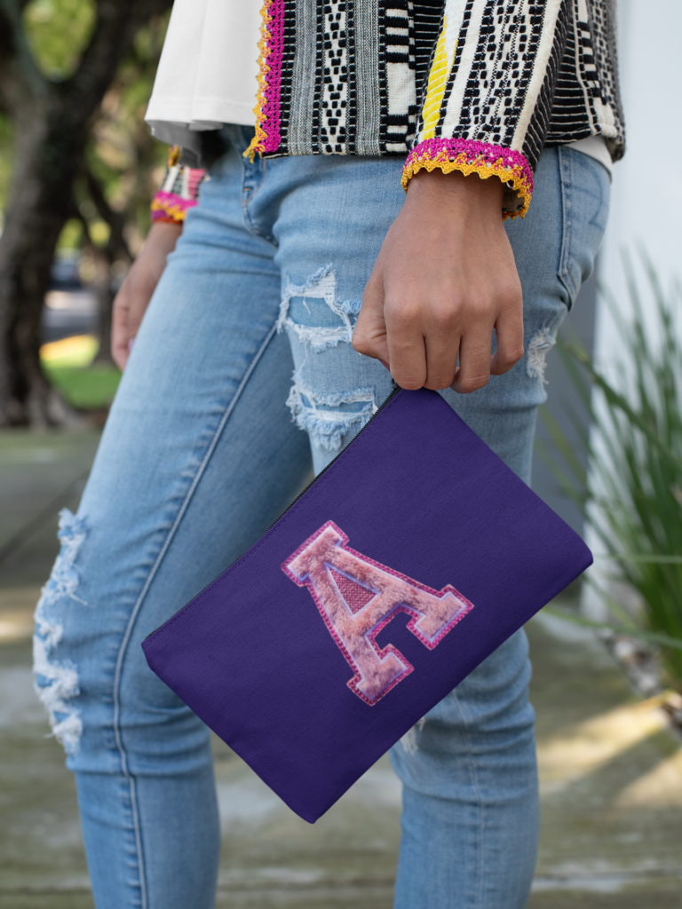 chenille letter pink patch on a cosmetic bag