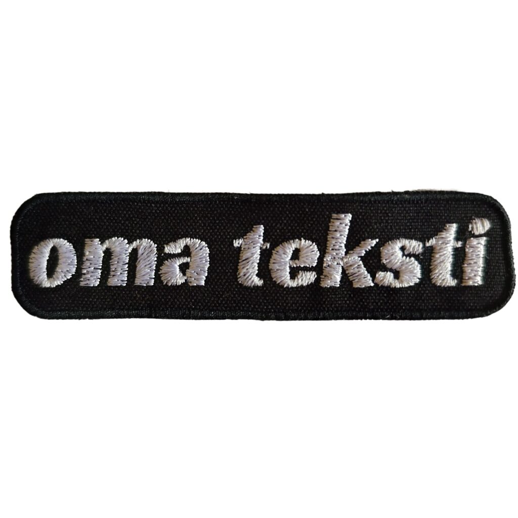 Oma teksti kangas merkki brodeerattu Suomessa