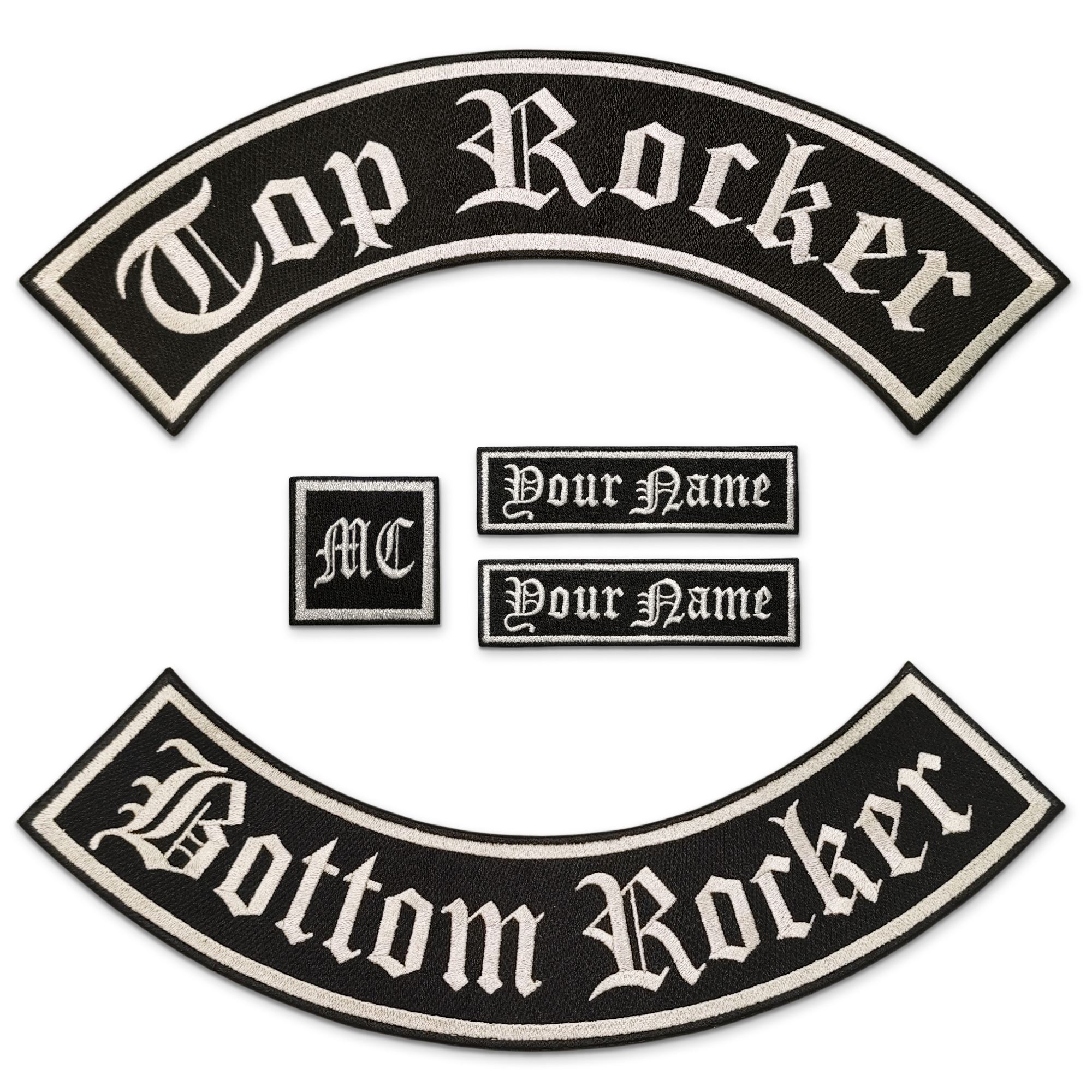 Custom Biker Patch Set 5 pcs – Top Rocker 35 cm, Bottom Rocker, MC Patch & 2 Name Tags – Embroidered, Sew or Iron On - Image 3