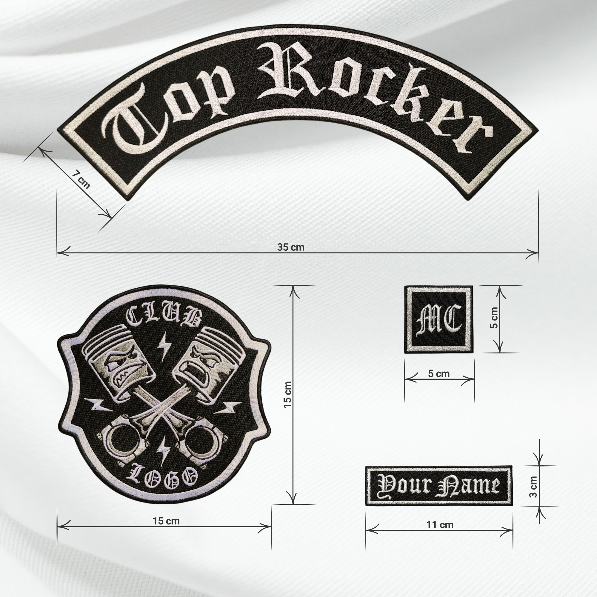 Custom Biker Patch Set 5 pcs – Top Rocker 35 cm, Bottom Rocker, MC Patch & 2 Name Tags – Embroidered, Sew or Iron On - Image 8